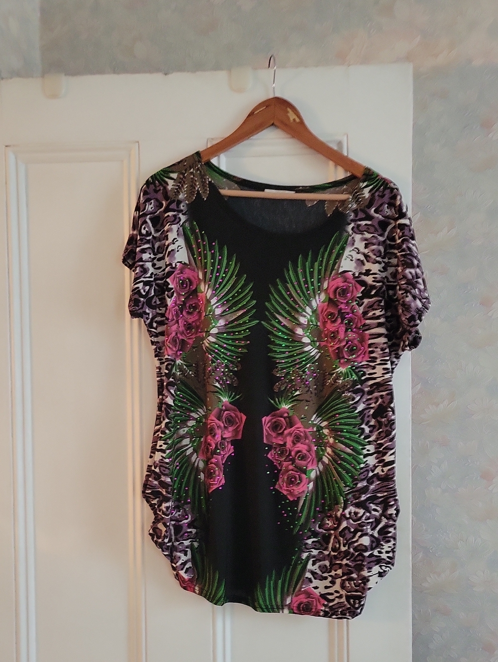 Julia Top with Roses Ferns and Multi-colored Rhinestones - S